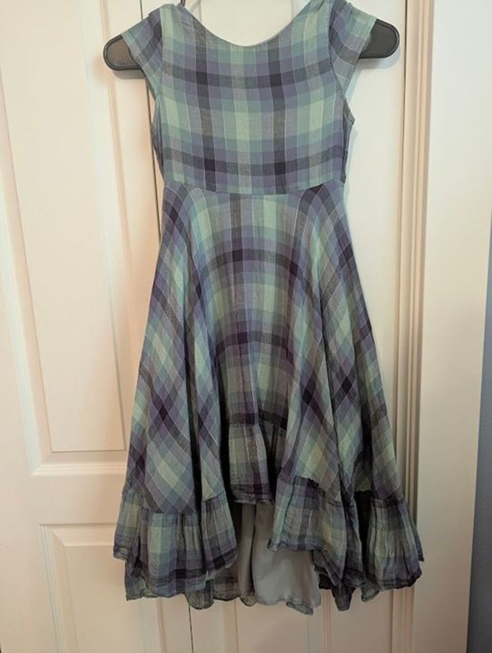 Joyfolie Mia Joy Plaid Dress sz 6 green purple high low ruffle hem "Skye"